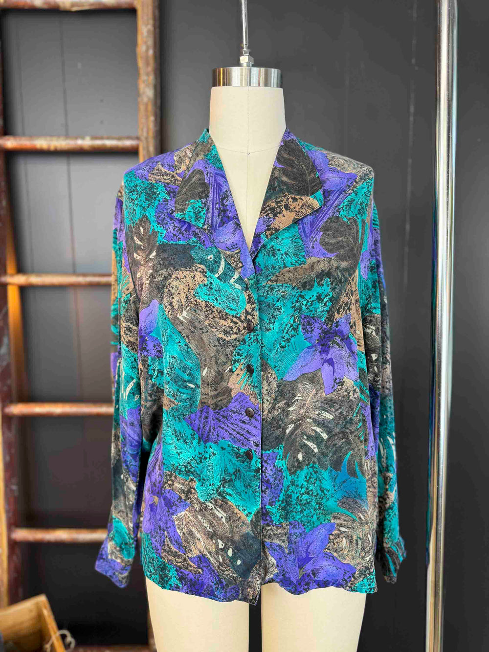Vintage Tropical Monstera Leaf Silk Blouse - Size L