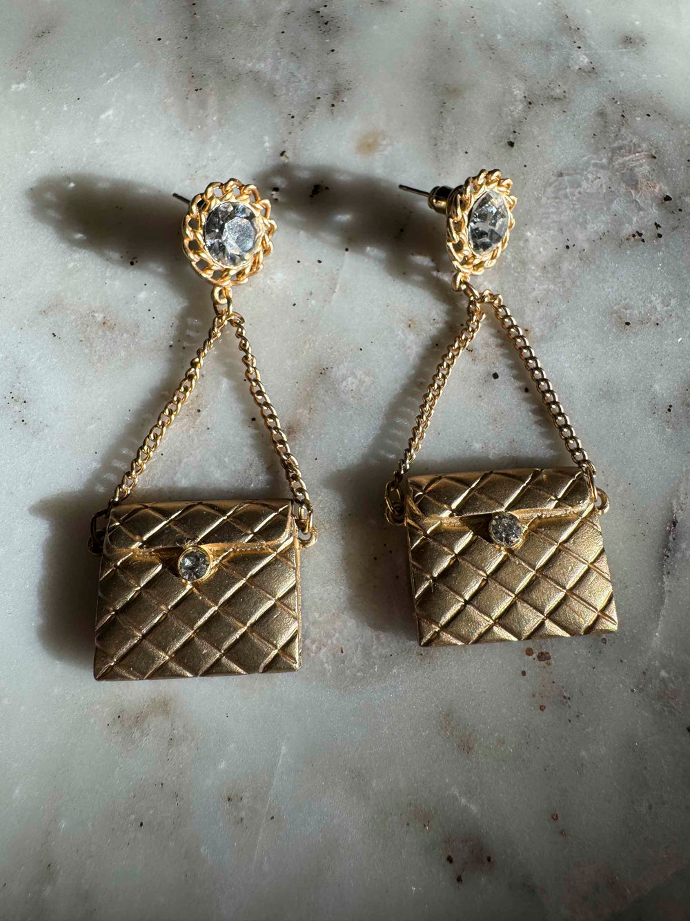 Vintage Quilted Handbag Earrings With Rhinestone