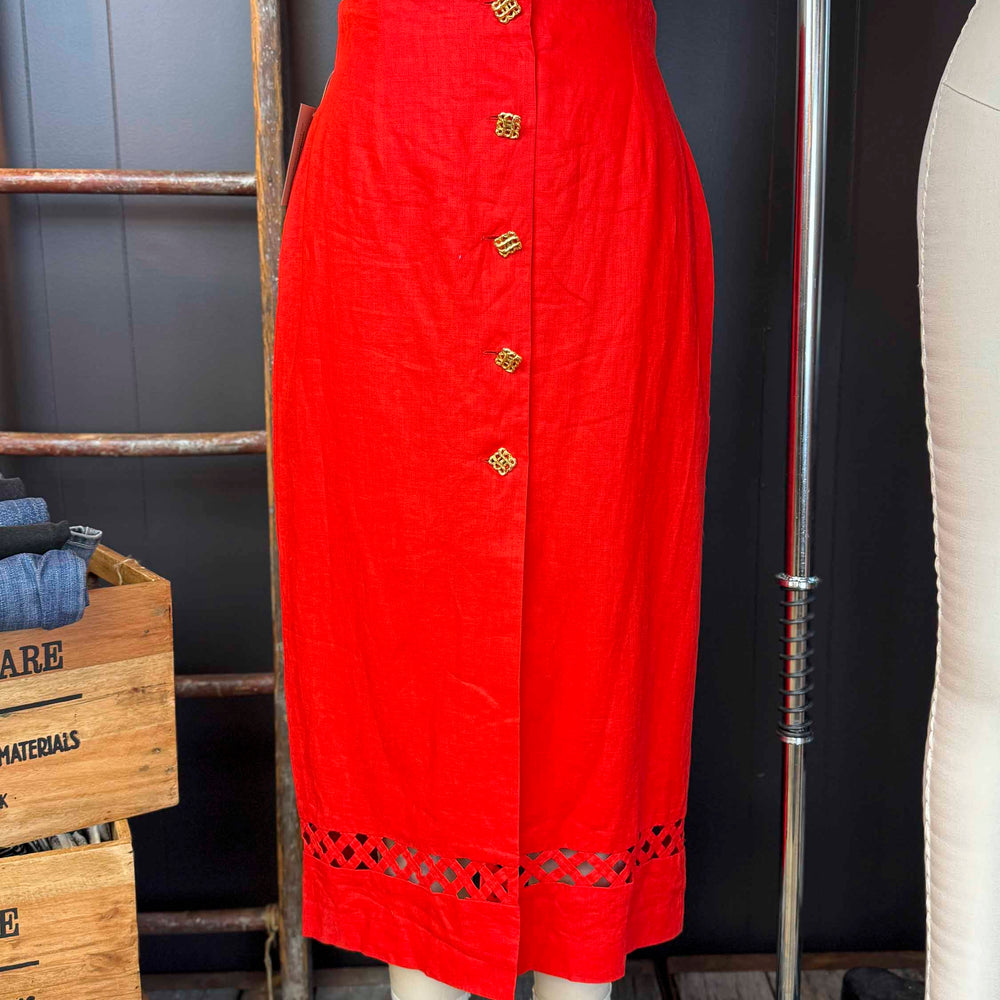 Vintage Red Linen Skirt With Gold Buttons - Size L