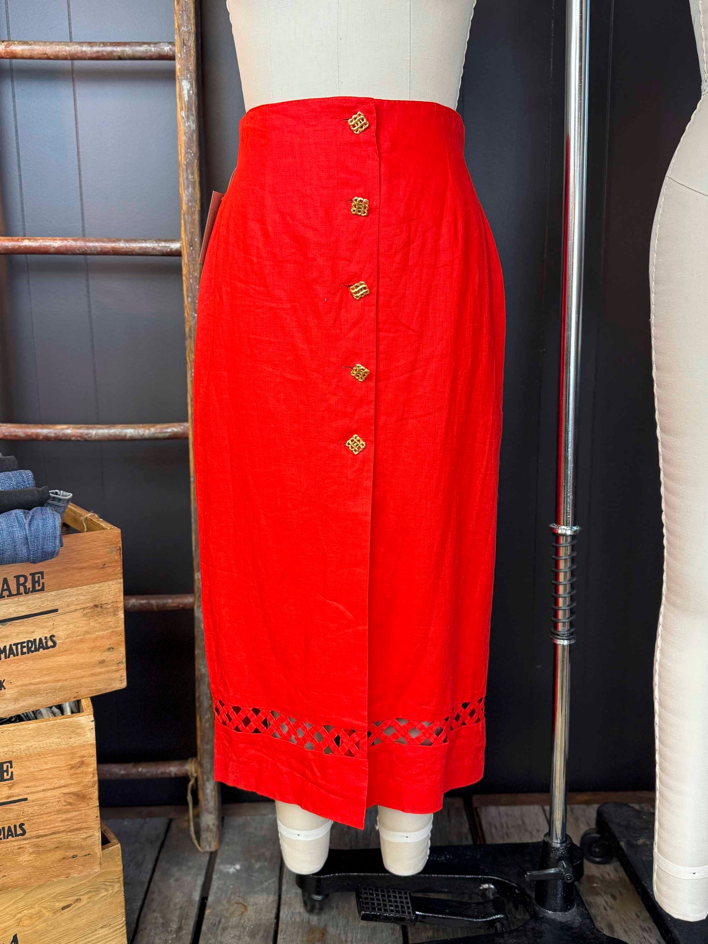 Vintage Red Linen Skirt With Gold Buttons - Size L