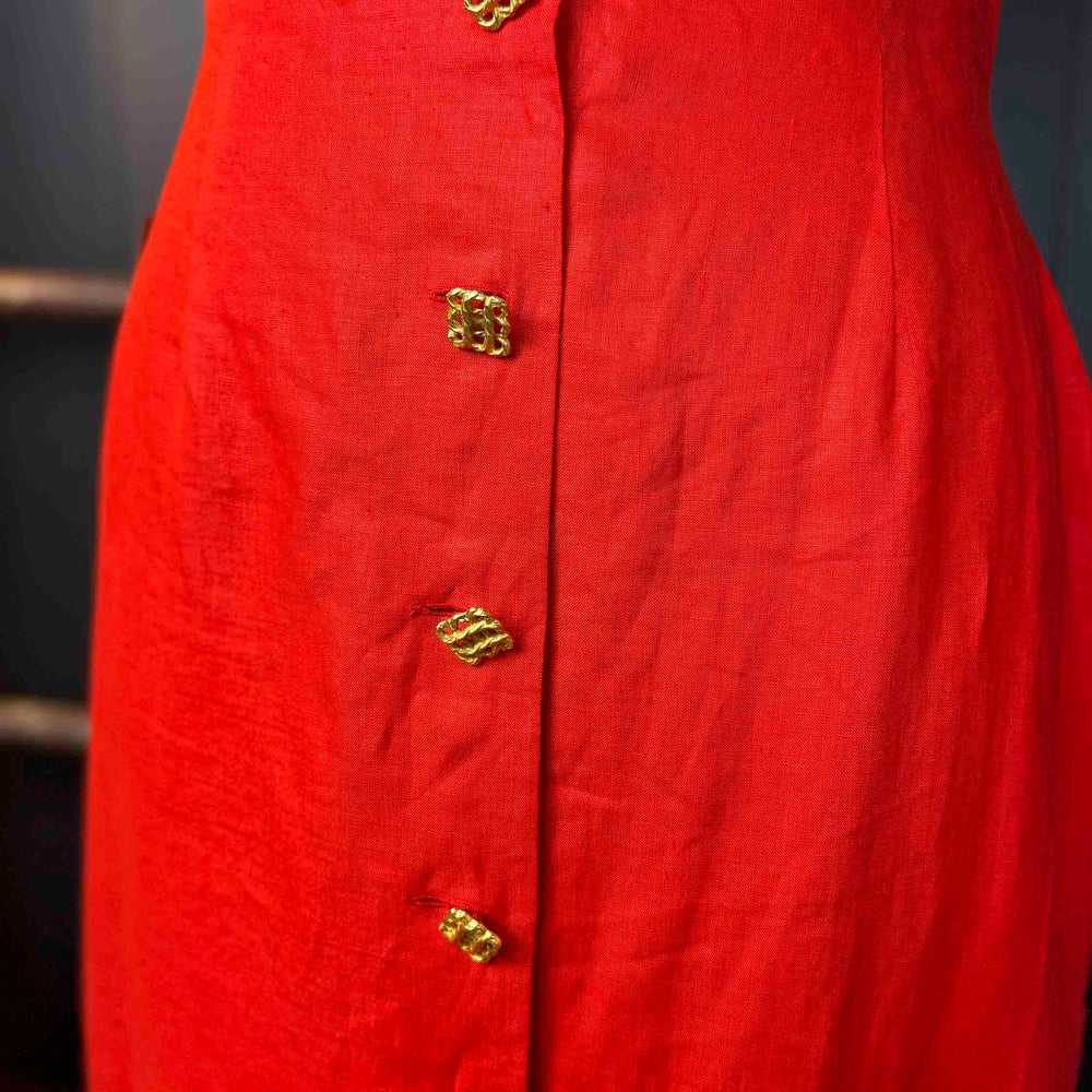Vintage Red Linen Skirt With Gold Buttons - Size L