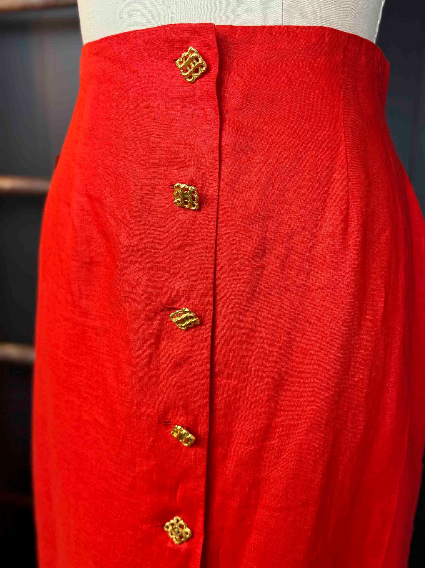 Vintage Red Linen Skirt With Gold Buttons - Size L