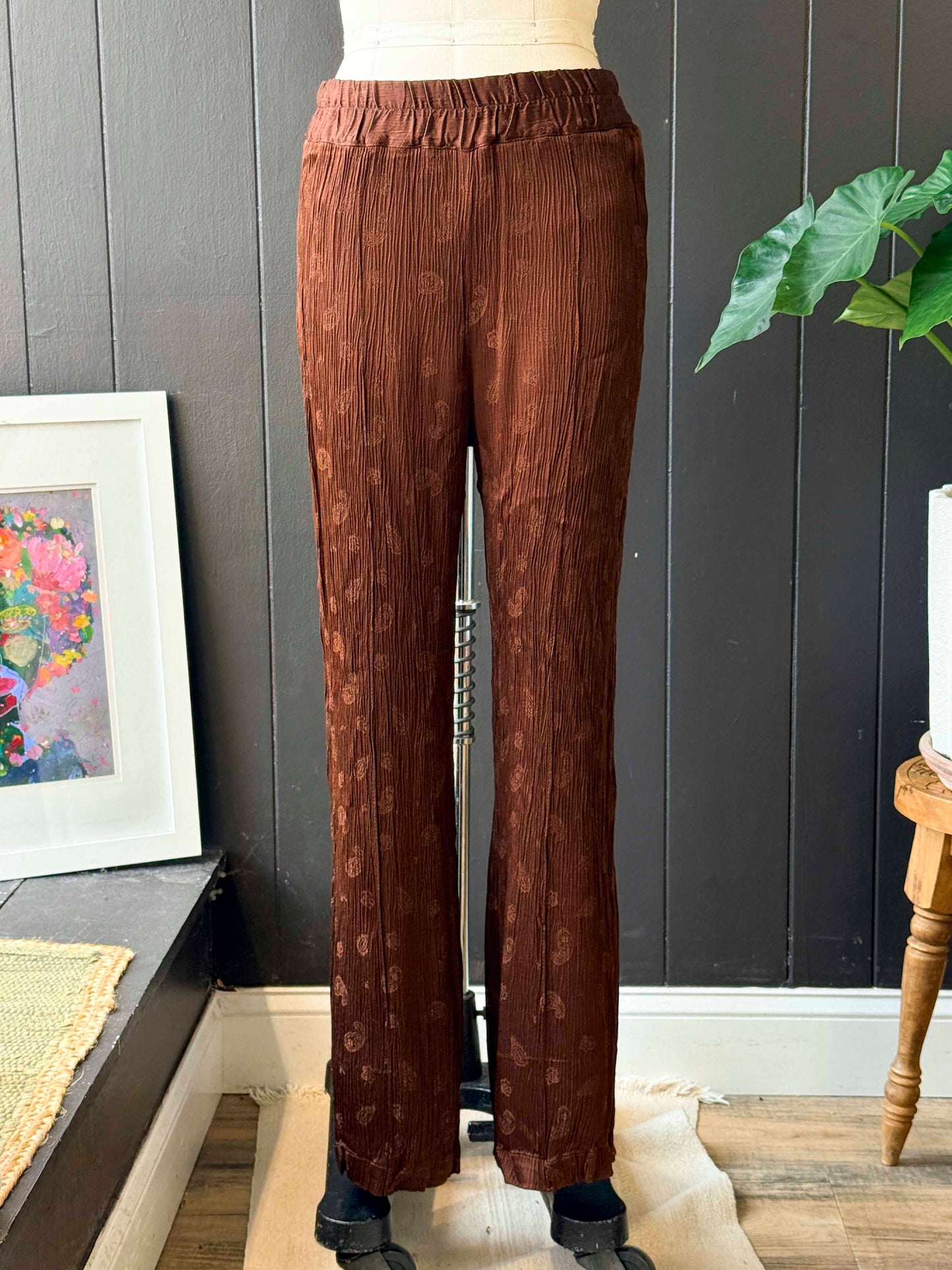 Pre-Loved Satin Brown Paisley Print Pants - Size S