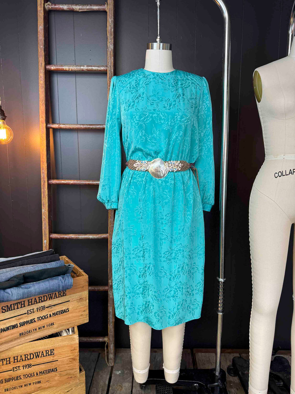 Vintage Teal Floral Jacquard Dress - Size M/L