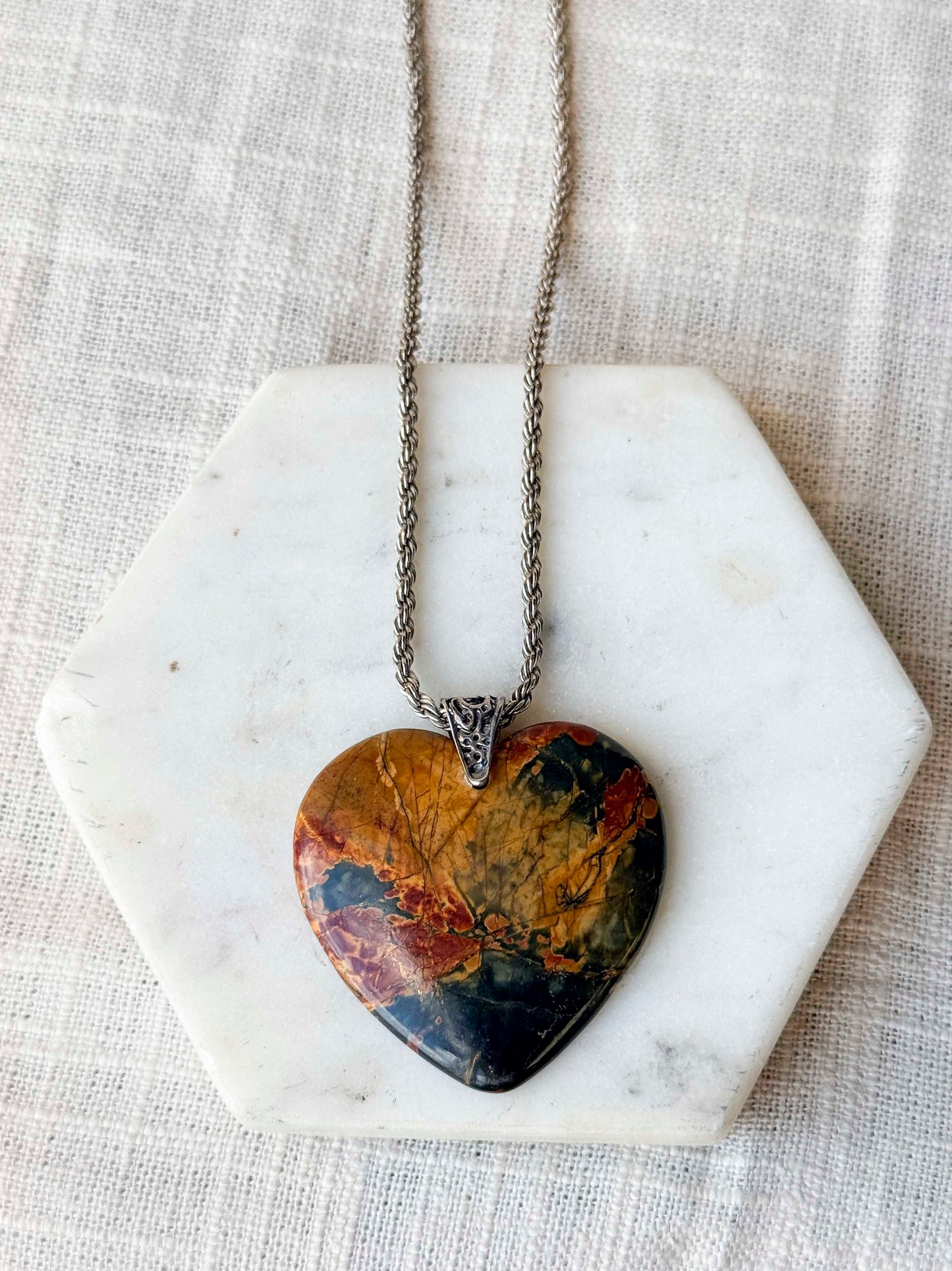 Vintage Sterling Silver and Jasper Heart Pendant Necklace