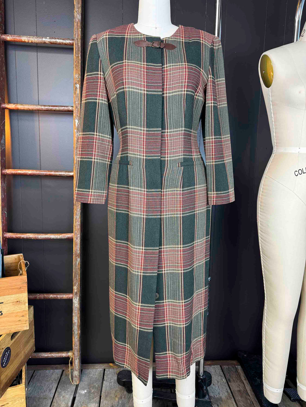 Vintage Plaid Forest Green Dress/Coat - Size XS/S