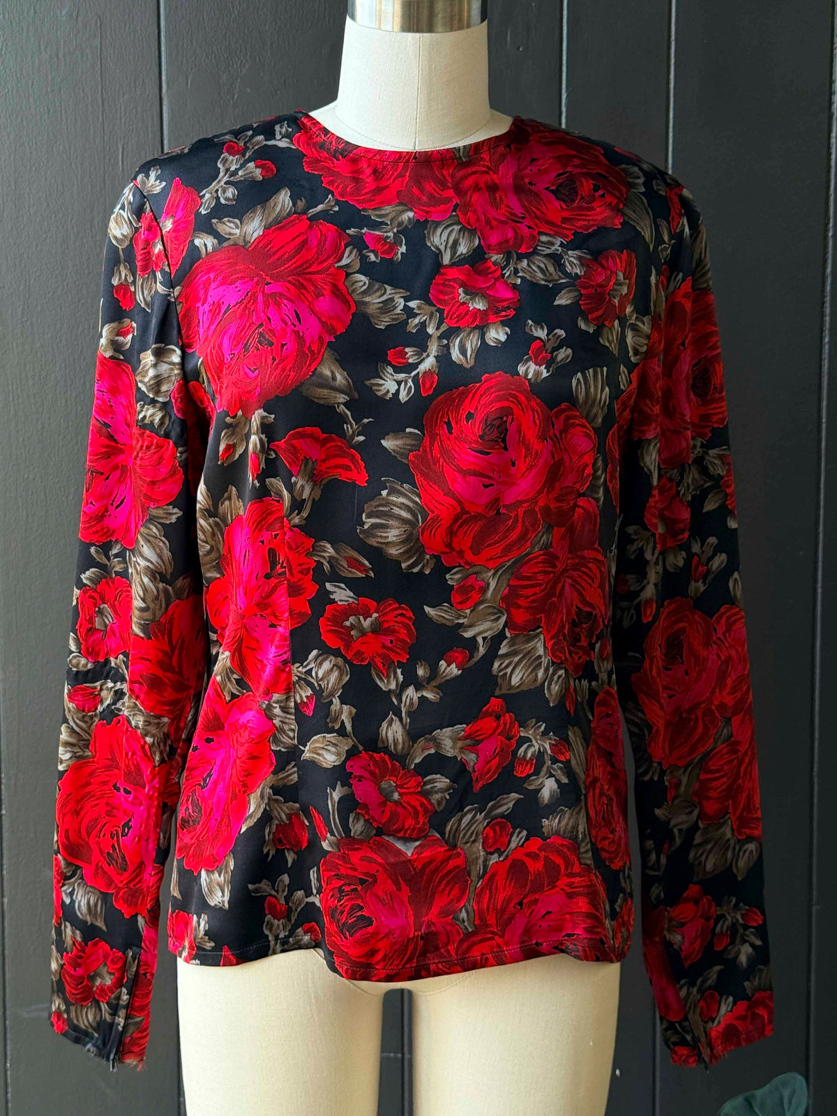 Vintage Carlisle Black and Red Rose Print Long Sleeve Blouse - Size S