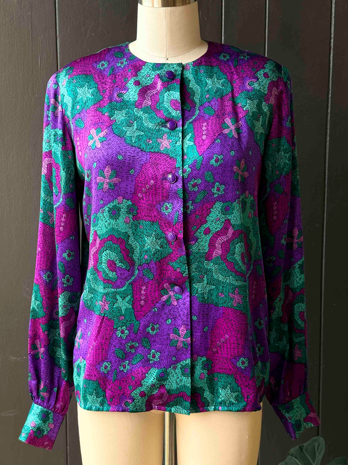Vintage Carlisle Purple and Green Abstract Print Long Sleeve Blouse - Size S