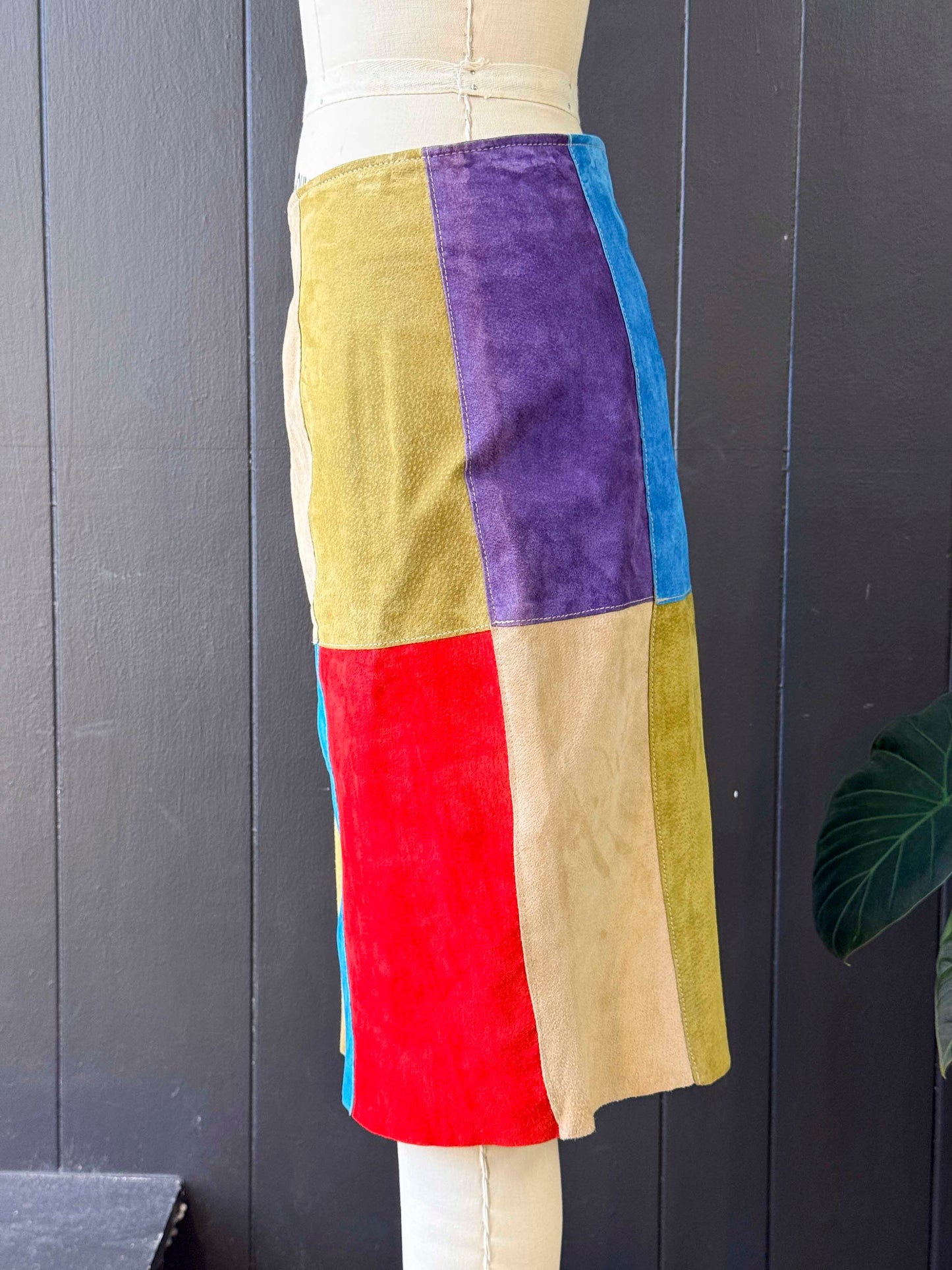 Vintage Adrienne Landau Multicolor Patchwork Suede Midi Skirt - Size S