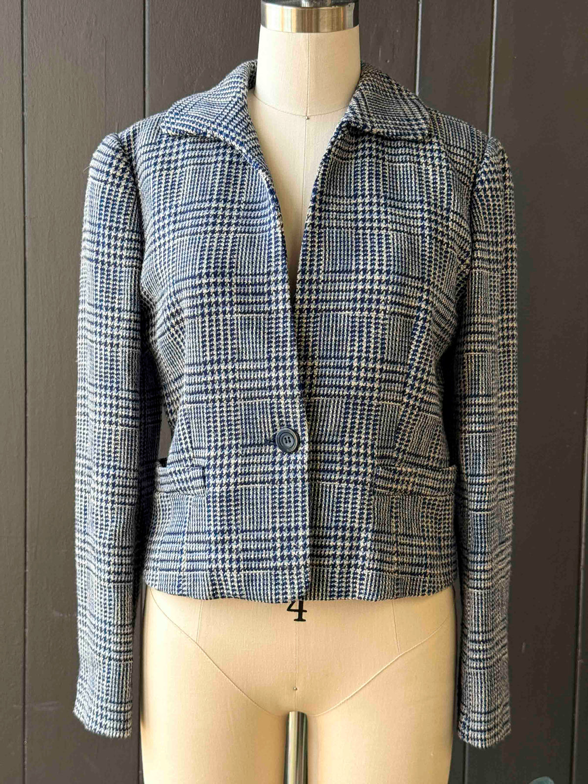 Vintage Carlisle Blue and White Wool Tweed Crop Blazer - Size S