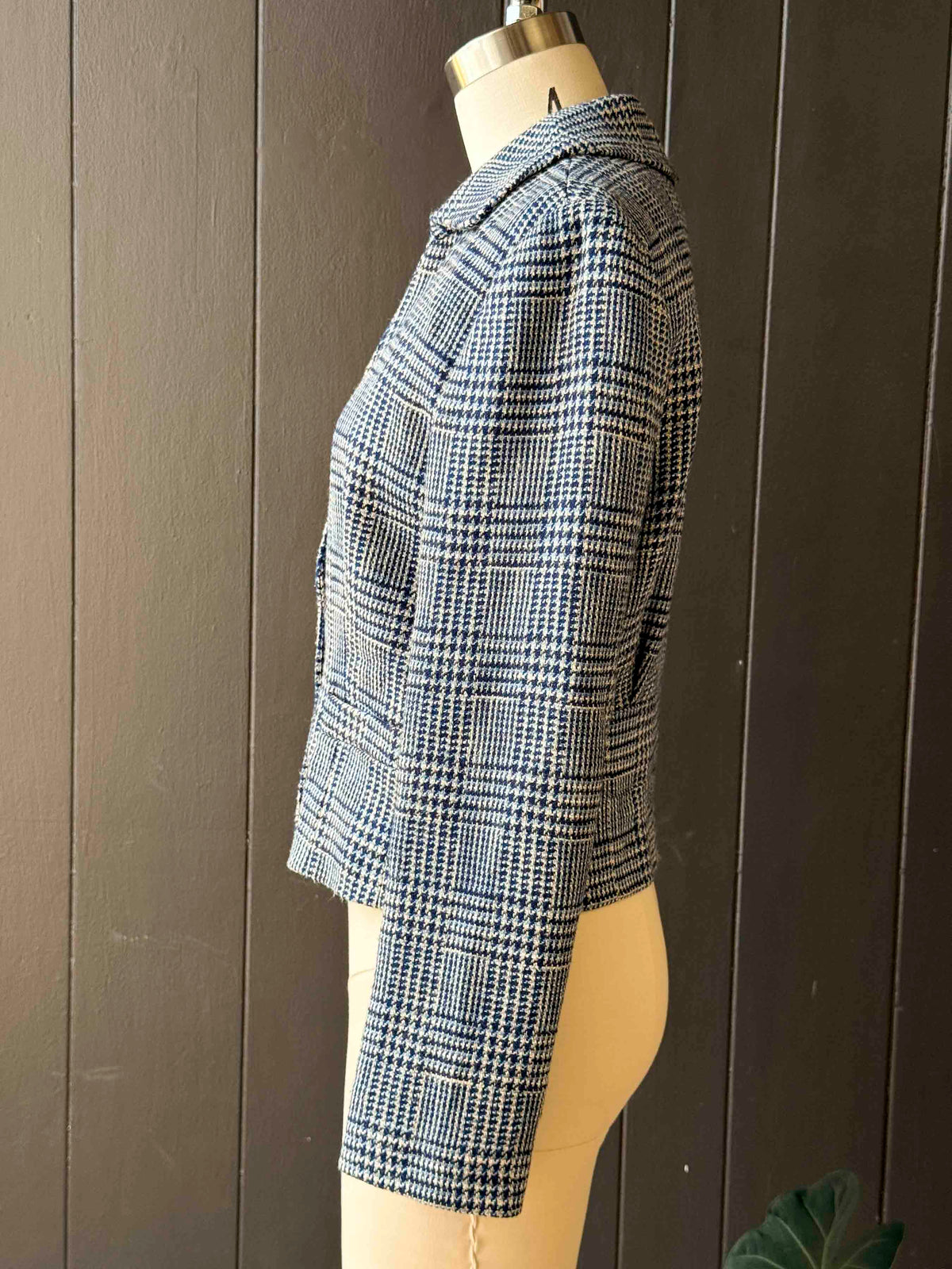Vintage Carlisle Blue and White Wool Tweed Crop Blazer - Size S