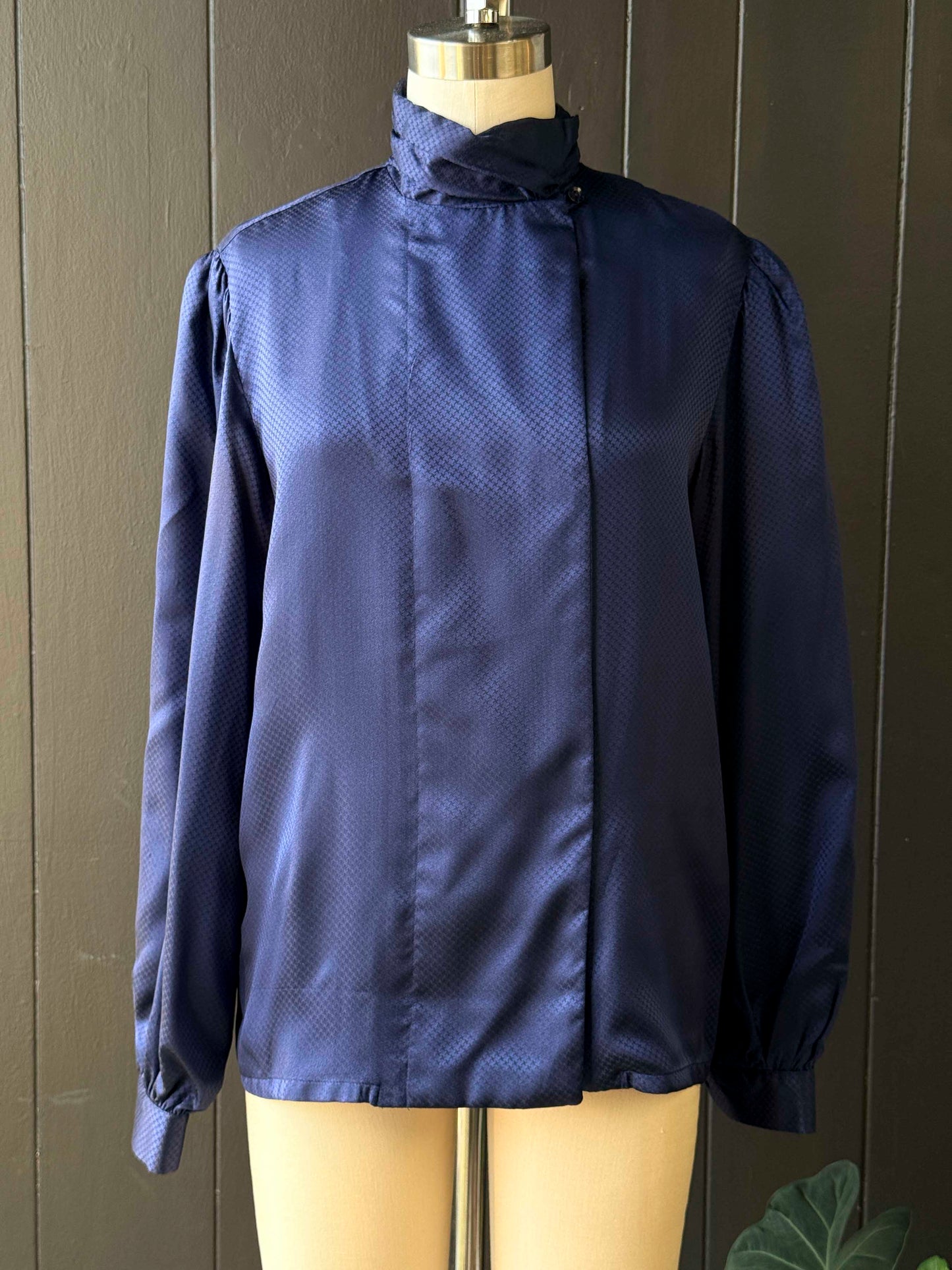 Vintage Ernst Strauss Silk Navy Blue Mock Neck Button Long Sleeve Blouse - Size S