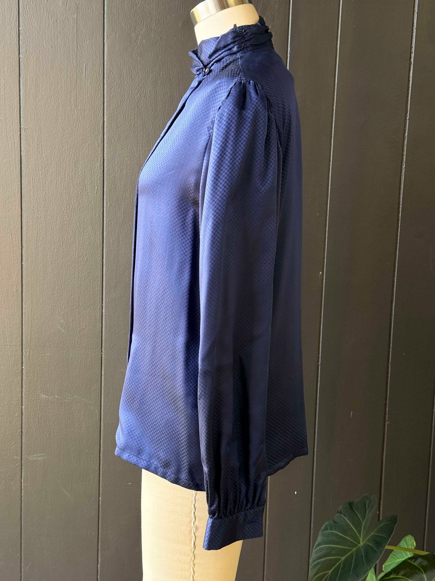 Vintage Ernst Strauss Silk Navy Blue Mock Neck Button Long Sleeve Blouse - Size S