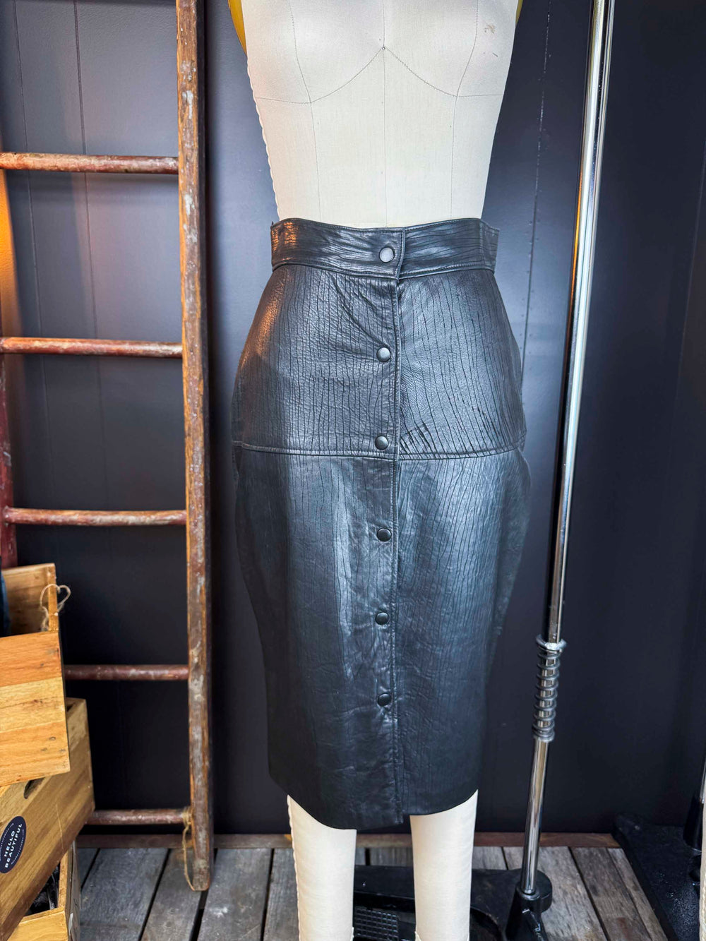 Vintage Leather Snap Front Skirt - Size S