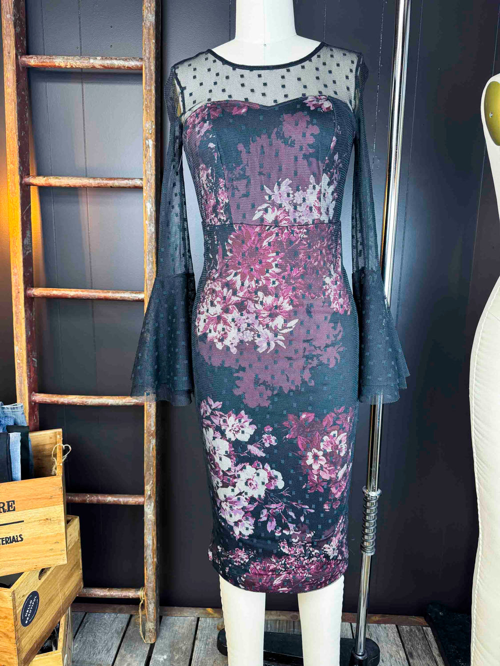 Pre-loved Black Mesh And Floral Dress - Size XS