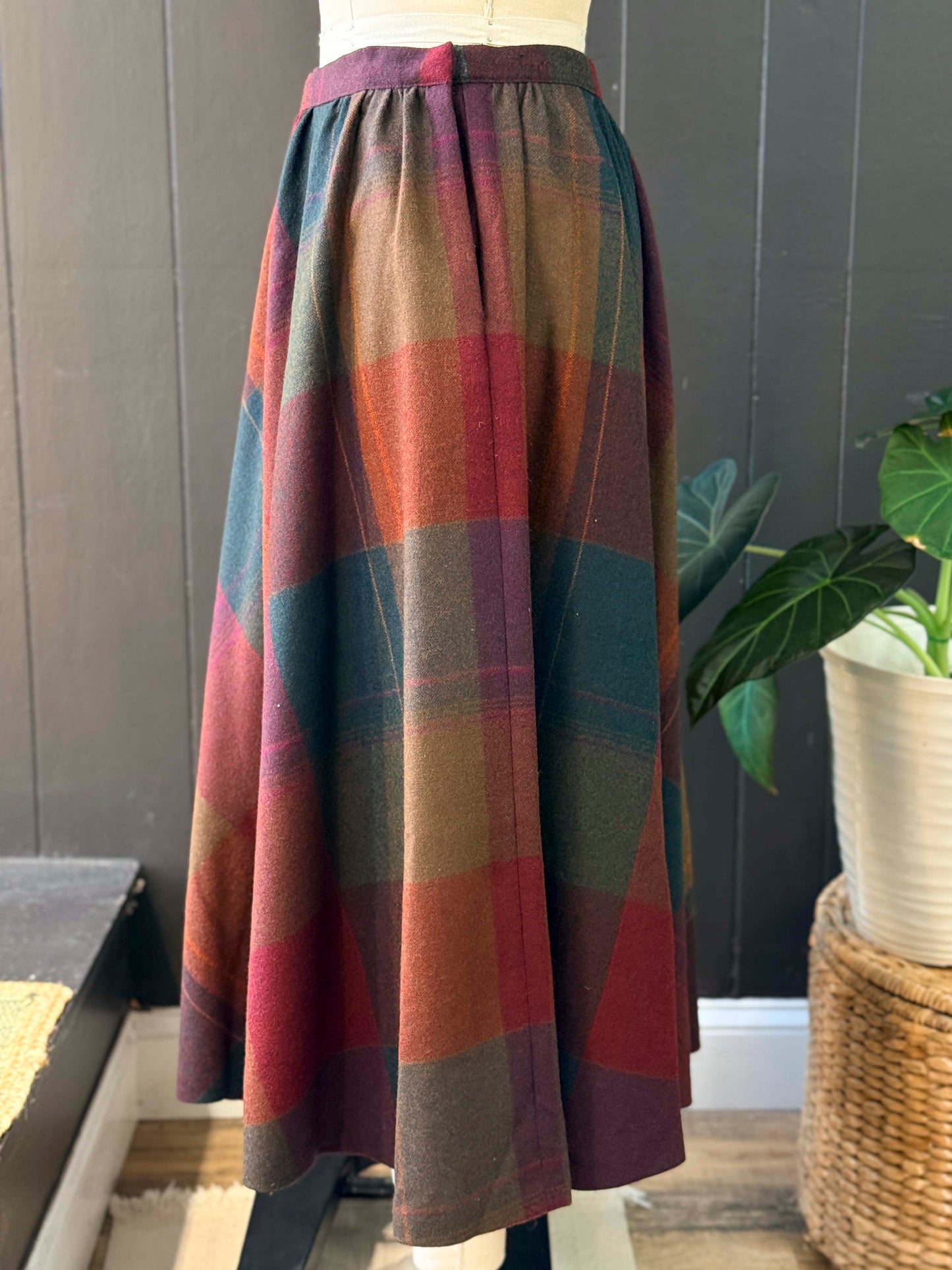 Vintage Ellen Tracy Multicolor Gathered Plaid Maxi Skirt - Size M