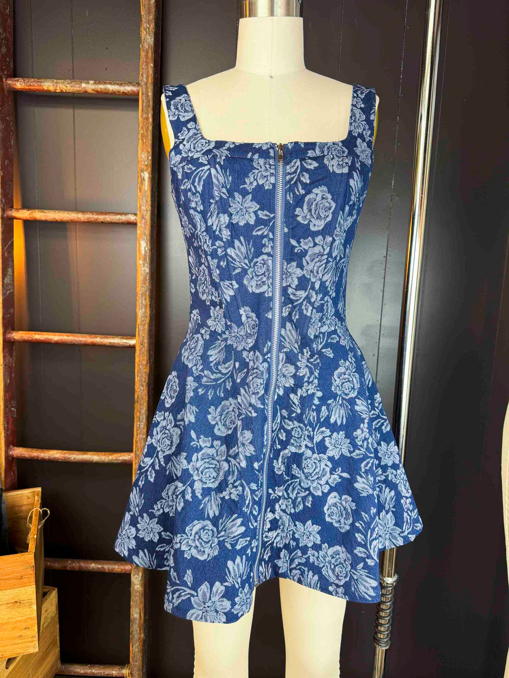 New Floral Jacquard Denim Zip-Up Corset Mini Dress