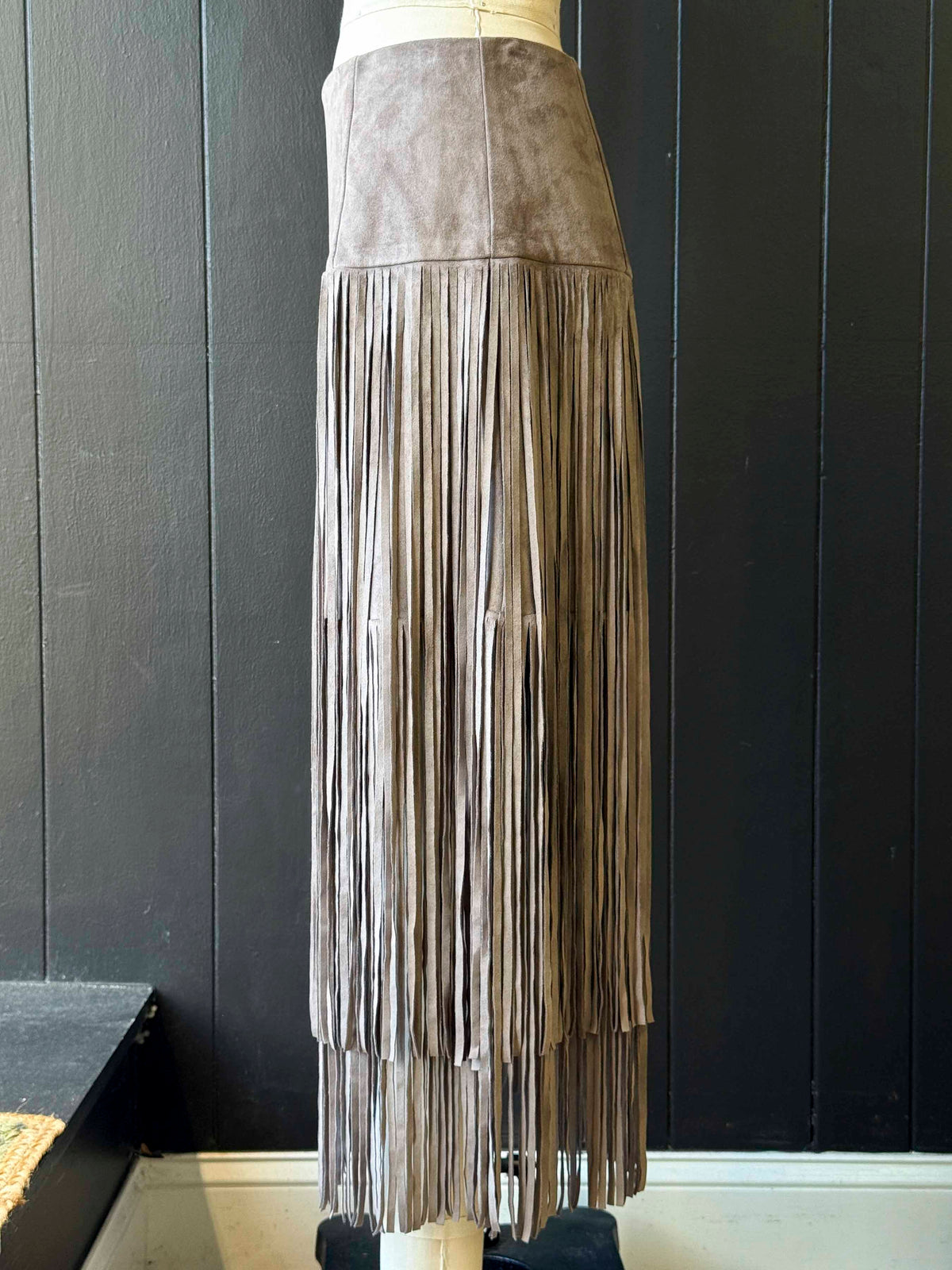 Pre-Loved Mare Mare Grey Faux Suede Fringe Midi Skirt - Size S