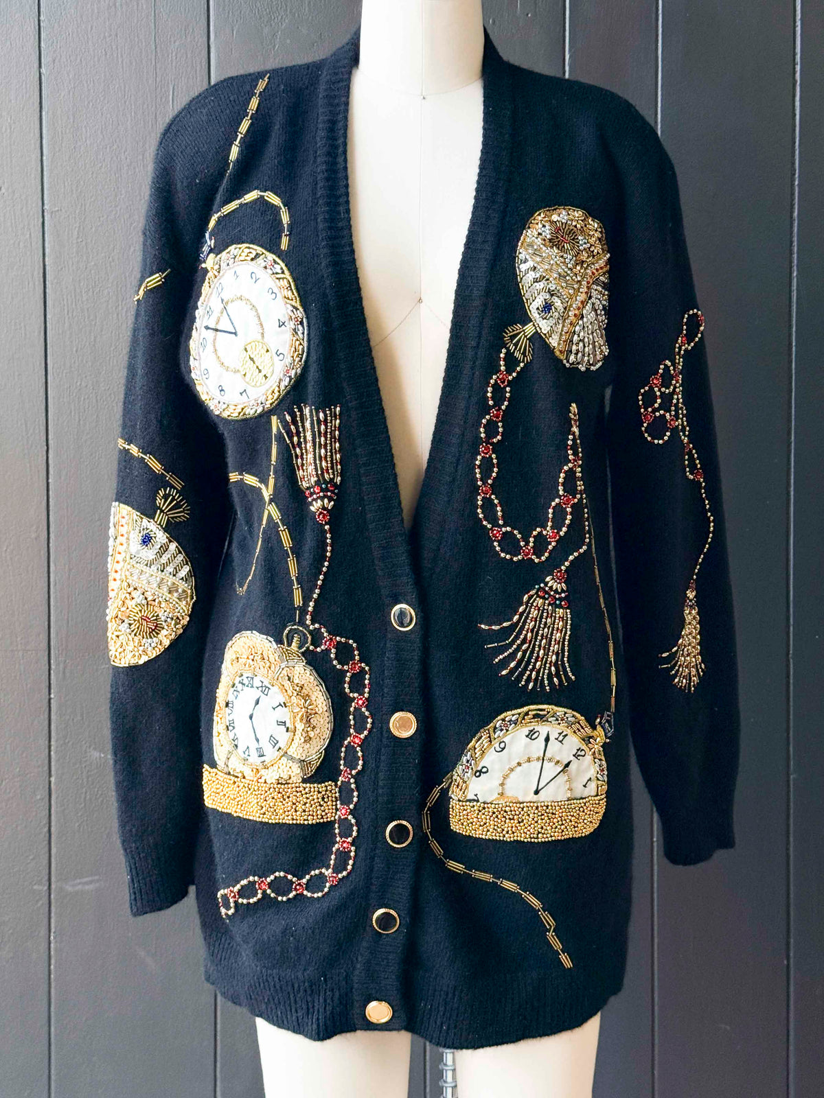 Vintage Raffia Black Beaded Clock Cardigan- Size S