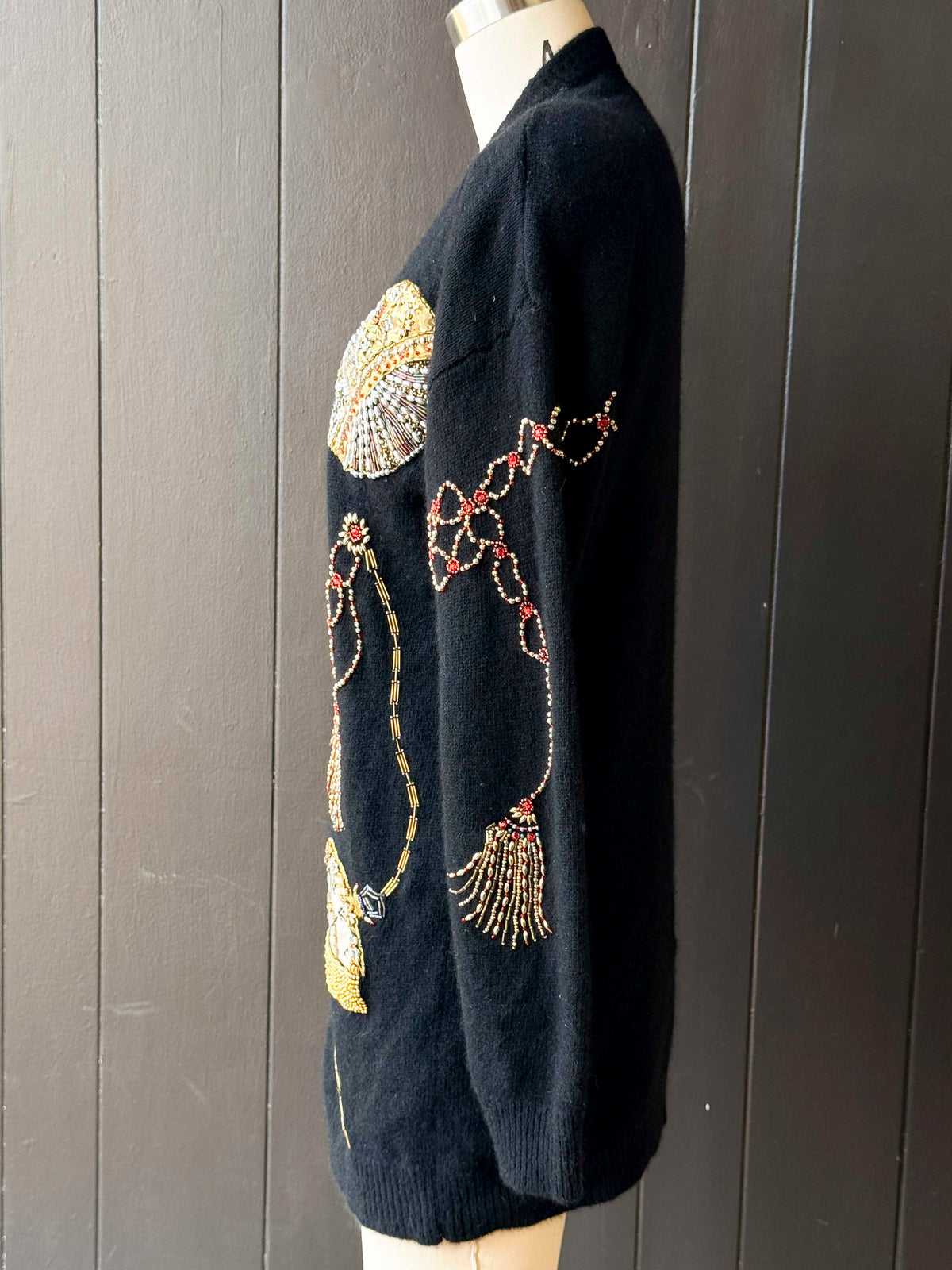 Vintage Raffia Black Beaded Clock Cardigan- Size S