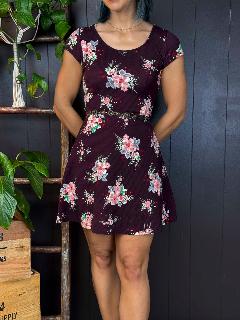 Pre-loved Maroon Floral Mini Dress - Size XS