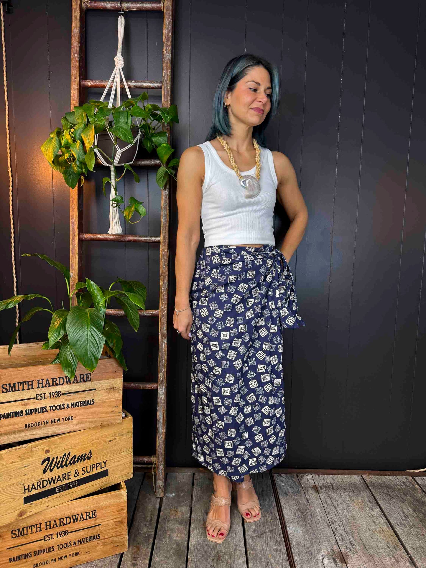 Vintage Navy and Cream Wrap Skirt - Size M