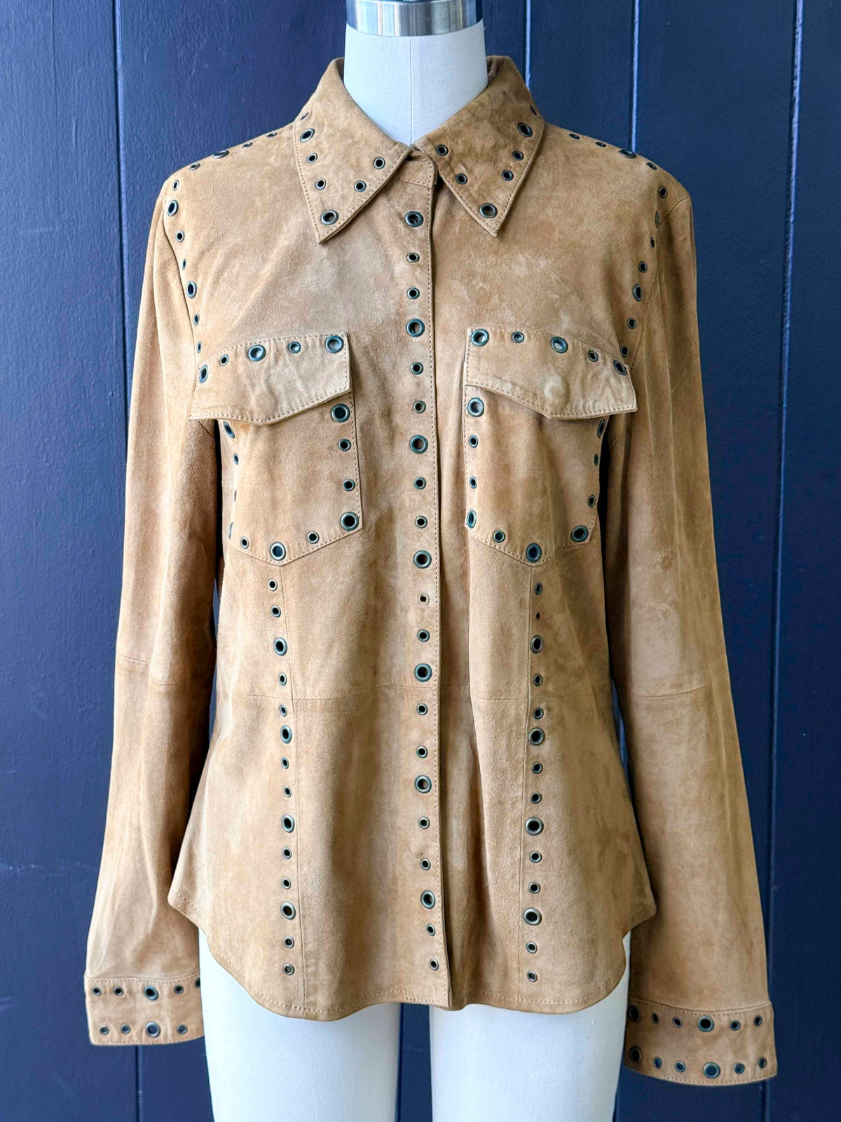 Vintage Trés Jolie Tan Grommet Leather Shirt Jacket - Size S
