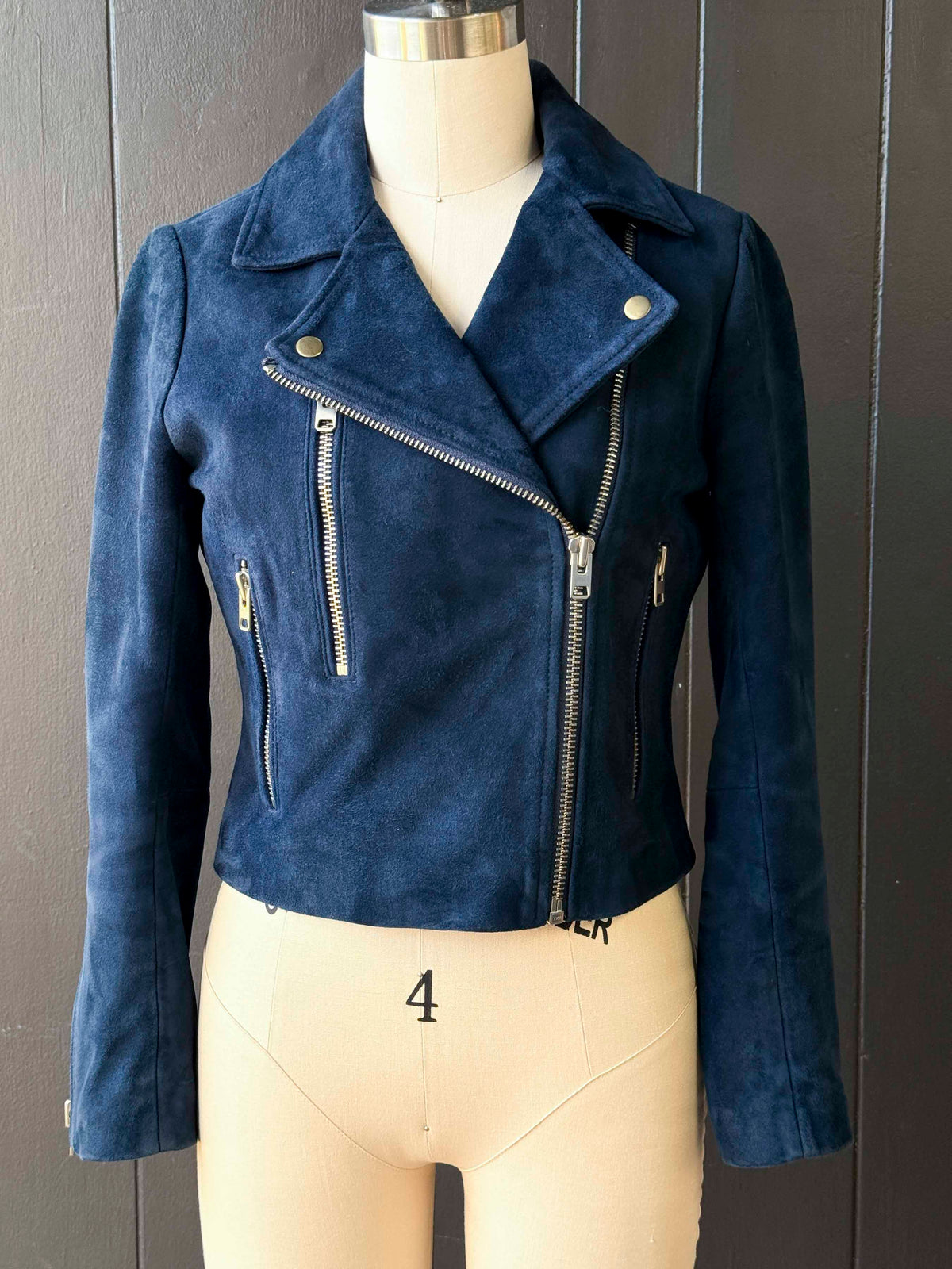 Pre-Loved Topshop Dark Blue Suede Biker Jacket - Size XS