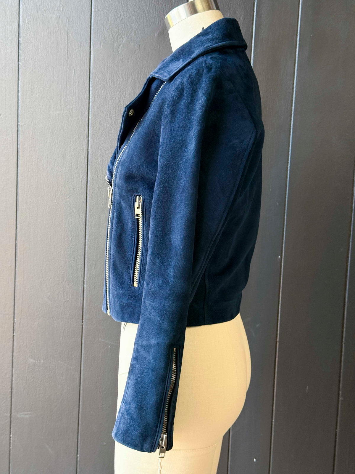 Pre-Loved Topshop Dark Blue Suede Biker Jacket - Size XS