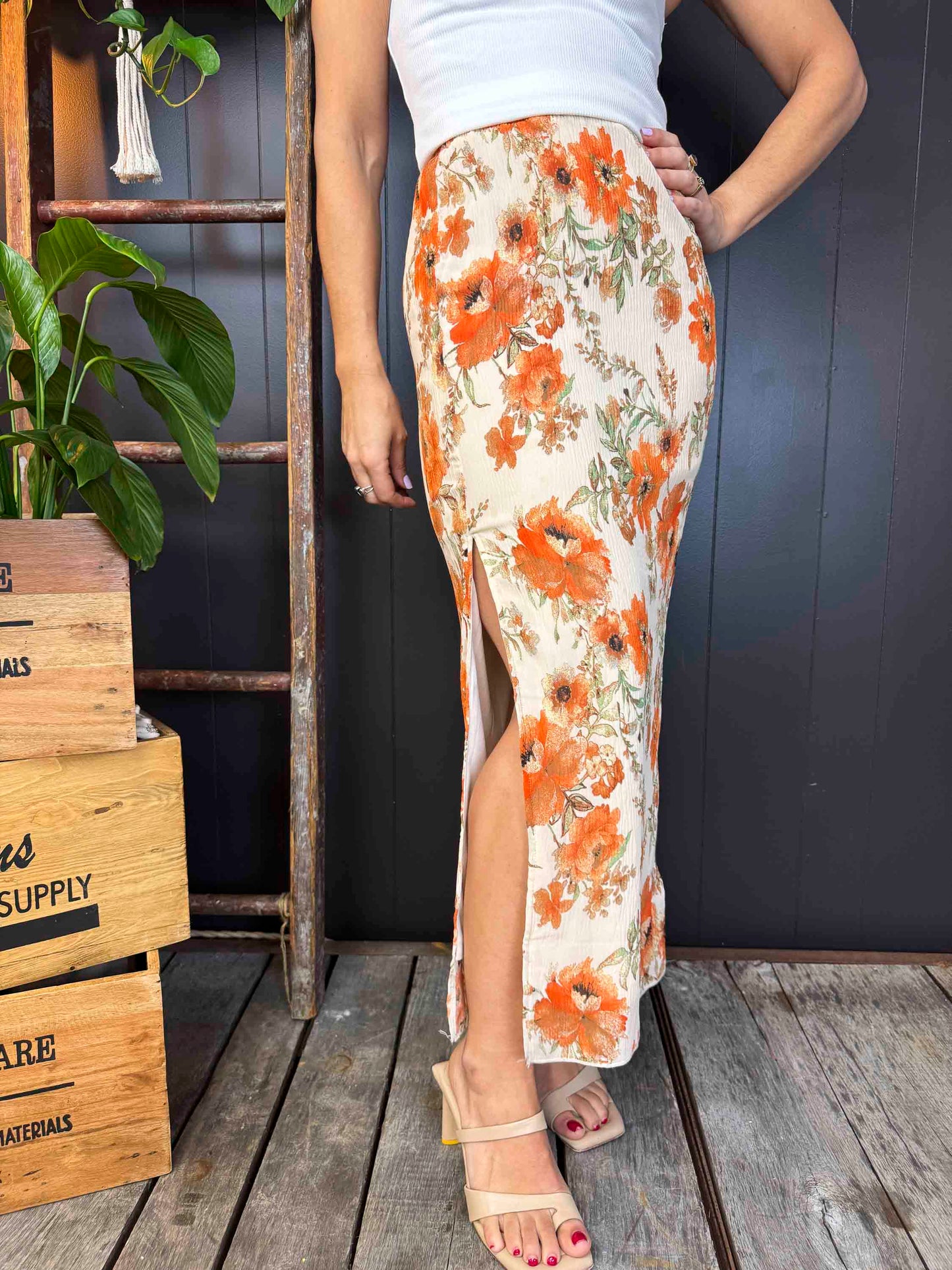 Pre-loved Skirt with Orange Flowers - Size S