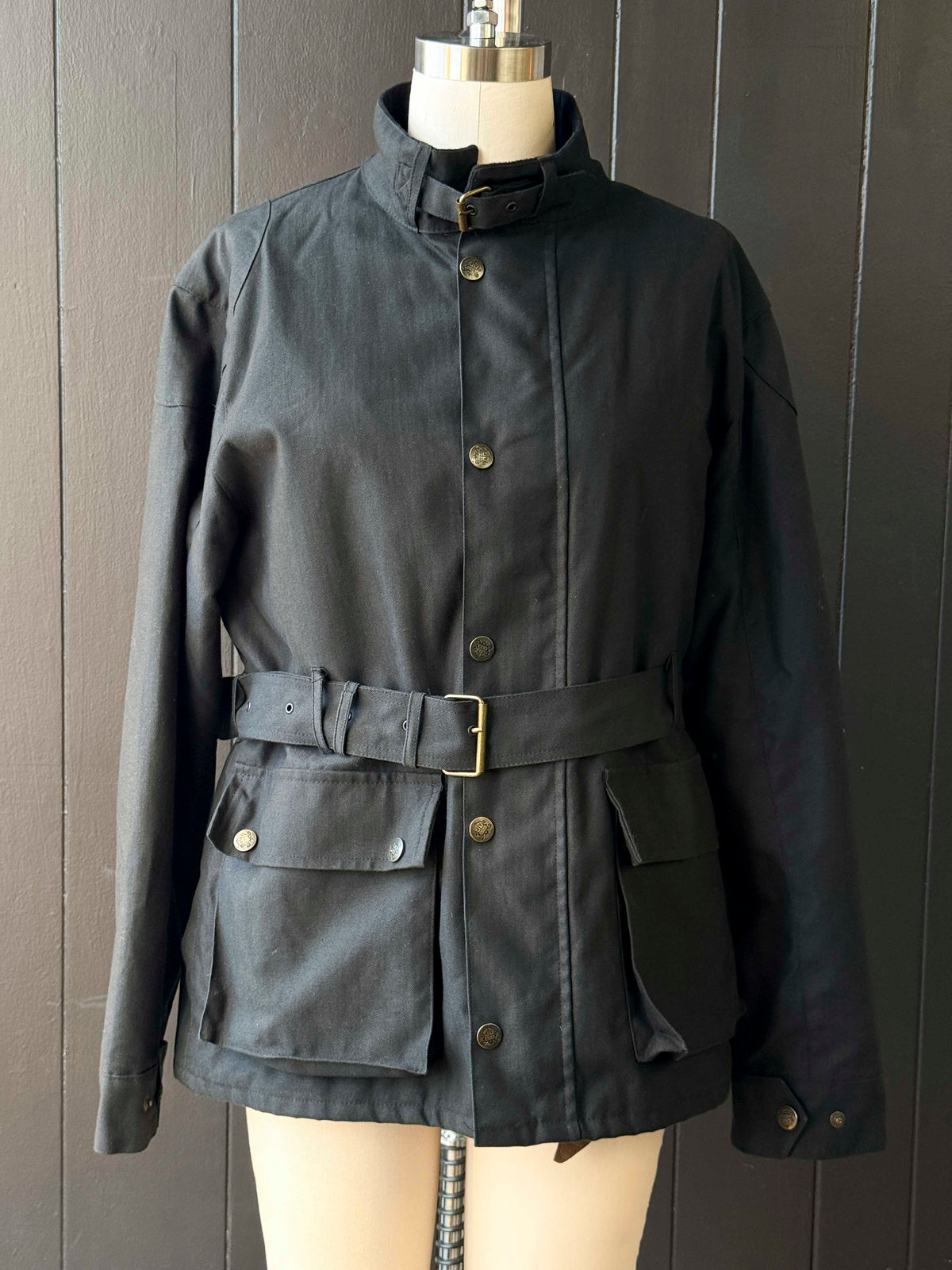 Vintage Alan Paine Black Flannel Lined Buckle Collar Belted Jacket - Size L