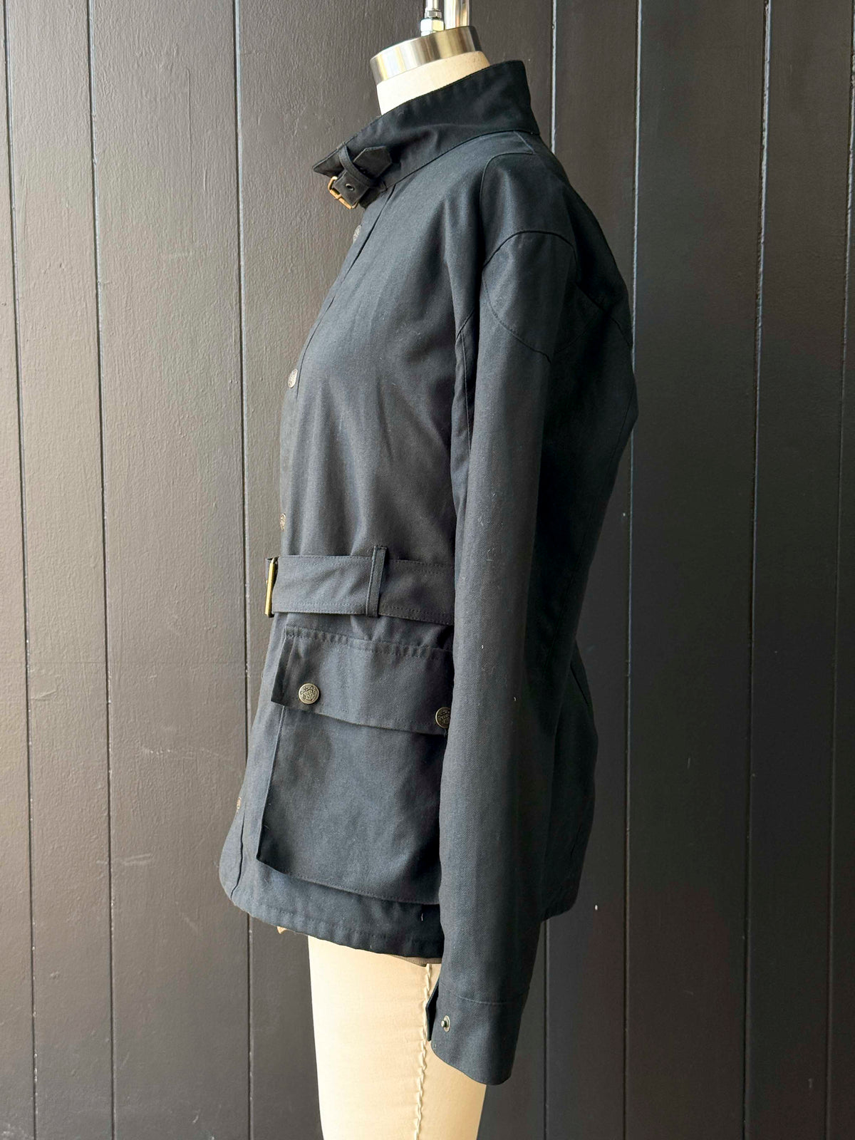 Vintage Alan Paine Black Flannel Lined Buckle Collar Belted Jacket - Size L