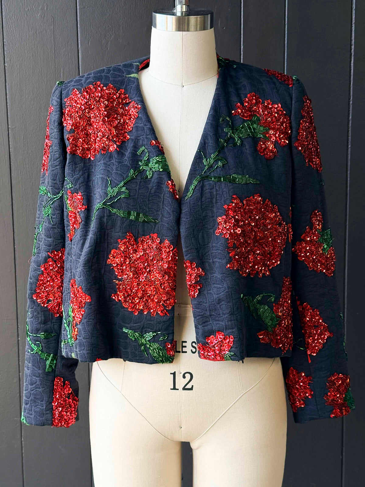 Vintage Charcoal Crop Jacket with Sequin Red Flowers - Size L