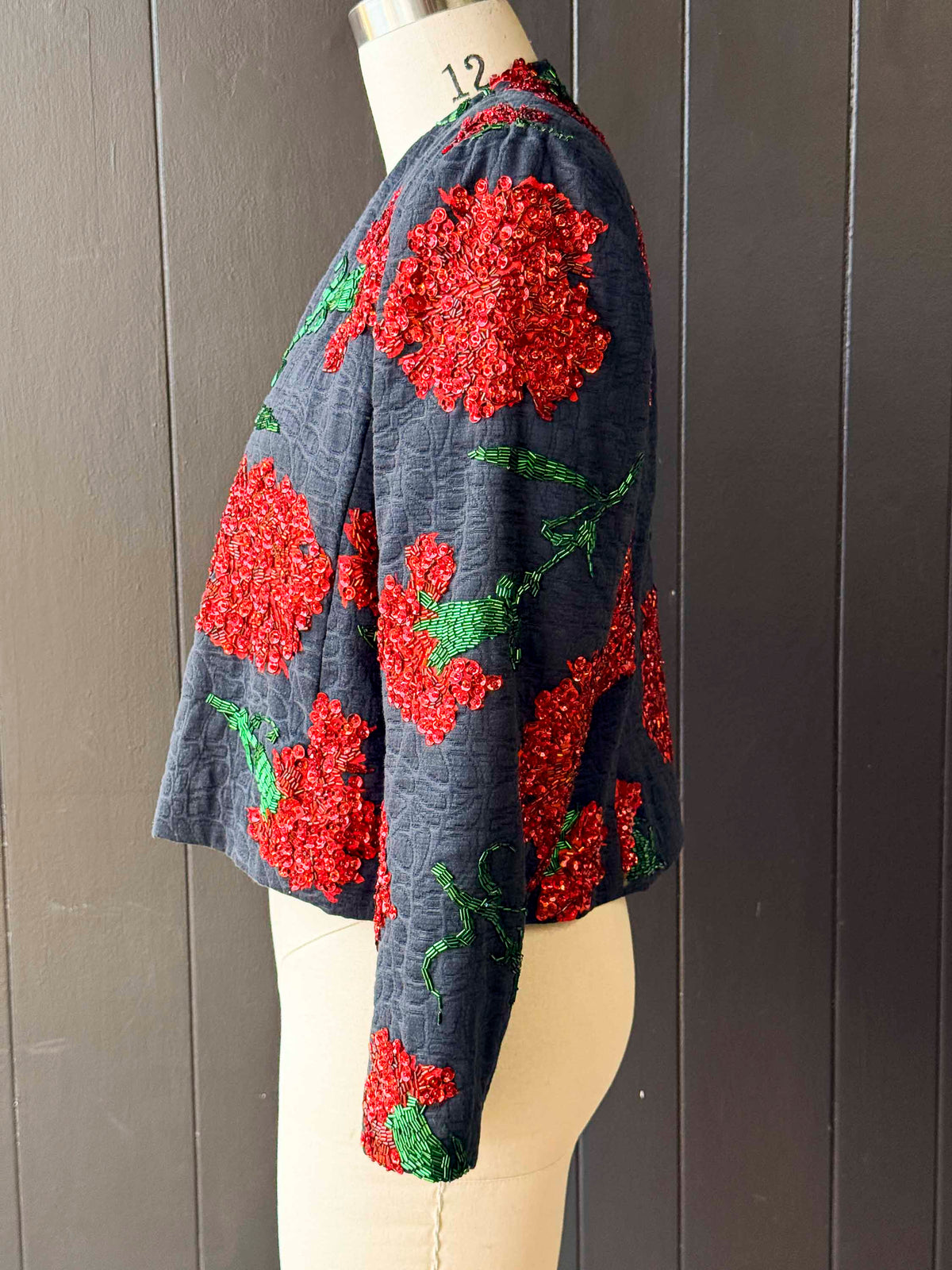 Vintage Charcoal Crop Jacket with Sequin Red Flowers - Size L
