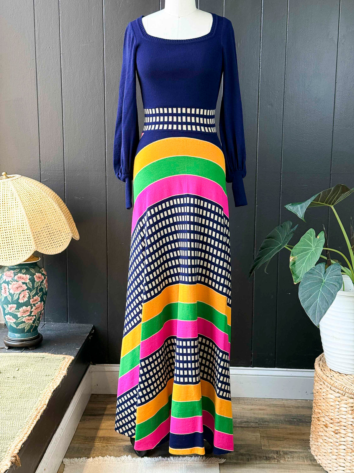 Vintage 1970s Crissa Wool Navy and Multicolor Stripe Long Sleeve Maxi Sweater Dress - Size XS
