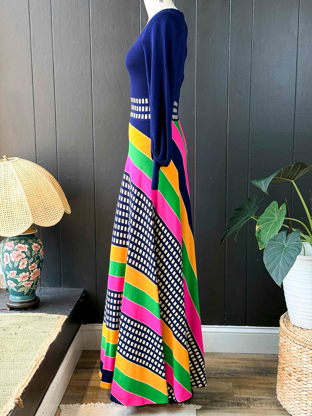 Vintage 1970s Crissa Wool Navy and Multicolor Stripe Long Sleeve Maxi Sweater Dress - Size XS