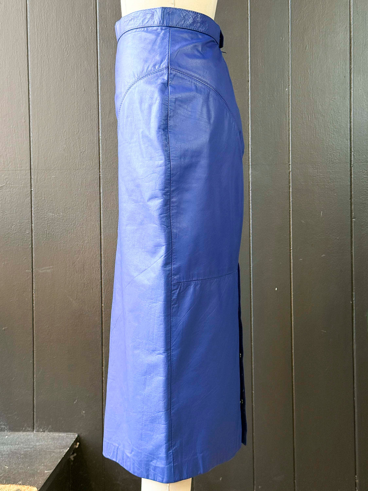 Vintage G-III Royal Blue Leather Midi Pencil Skirt - Size S