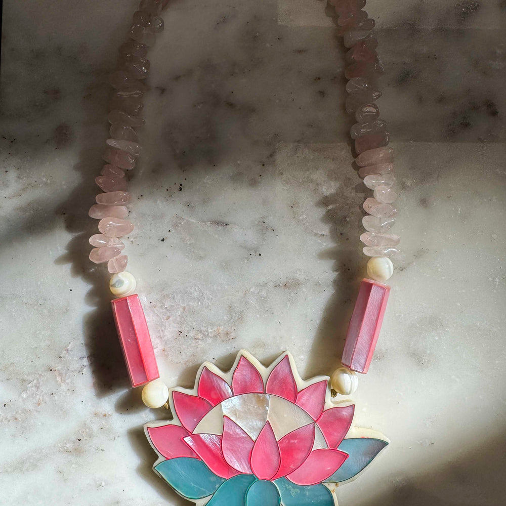 Vintage Mother of Pearl & Rose Quartz Necklace - Lotus