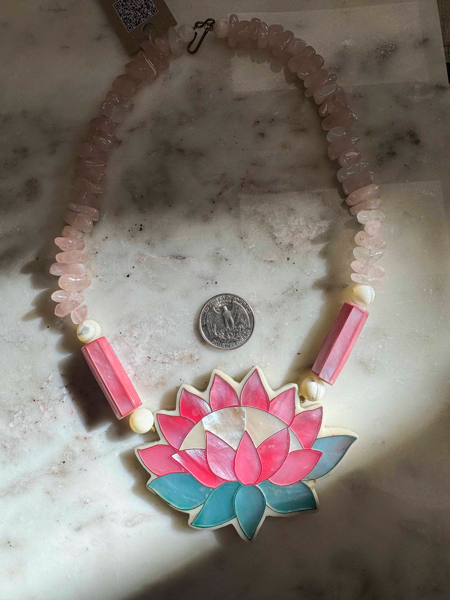 Vintage Mother of Pearl & Rose Quartz Necklace - Lotus