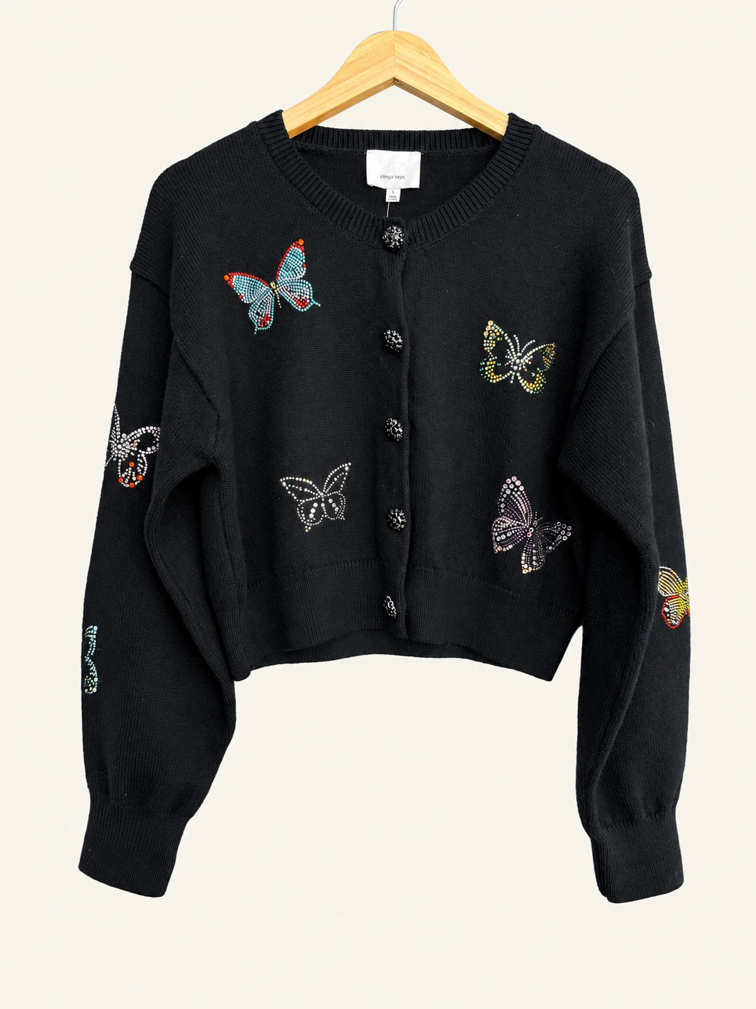 Pre-loved Cinq à Sept Black Butterfly-Embellished Crewneck Cardigan - Size L
