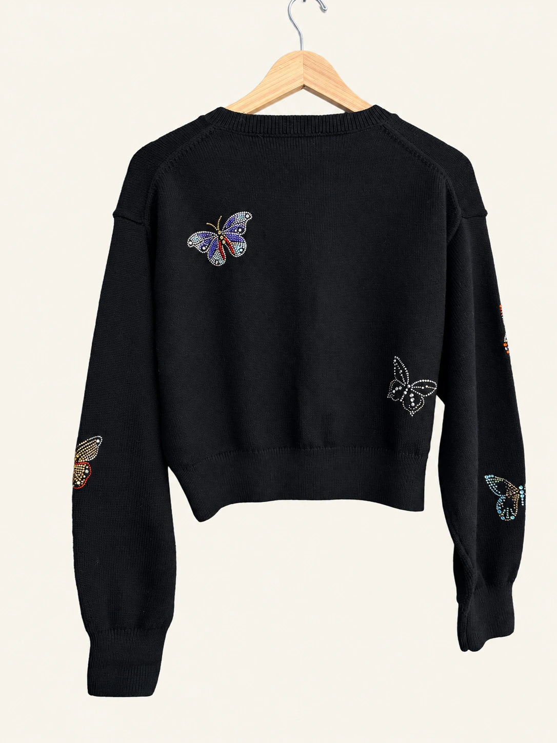 Pre-loved Cinq à Sept Black Butterfly-Embellished Crewneck Cardigan - Size L