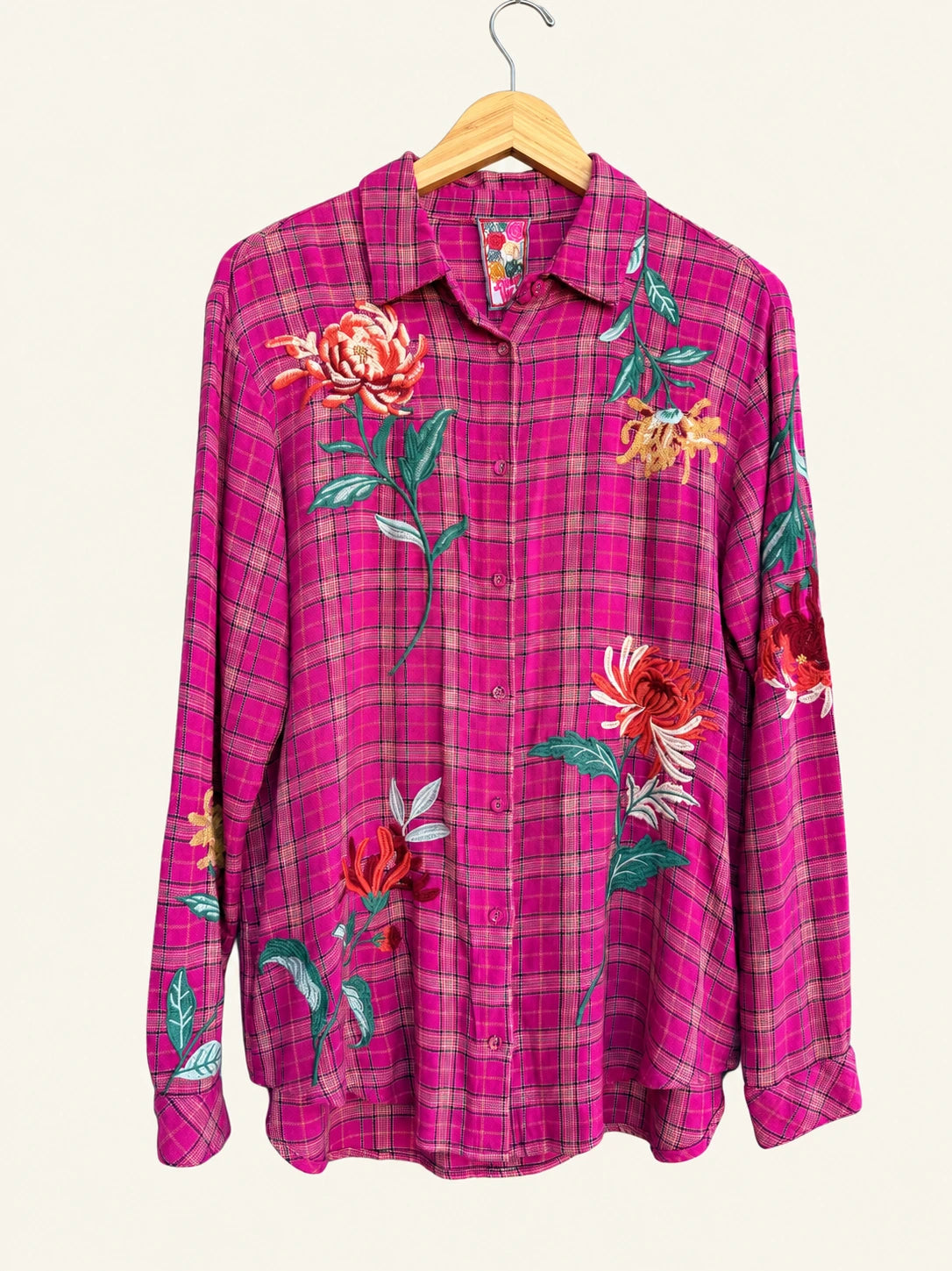 Pre-loved Johnny Was Pink Plaid Floral Embroidered Button-Front Shirt - Size S