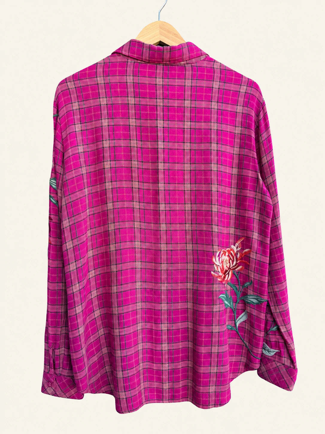 Pre-loved Johnny Was Pink Plaid Floral Embroidered Button-Front Shirt - Size S