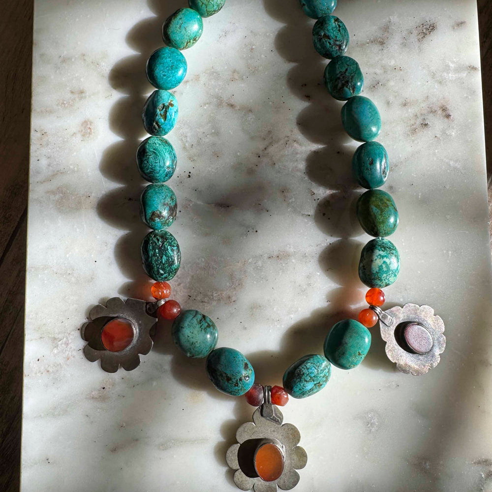 Vintage Turquoise & Amber Medallion Necklace