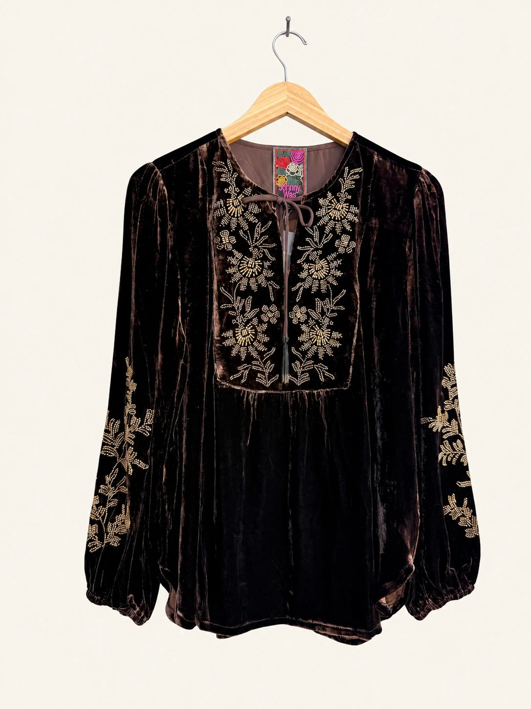 Pre-loved NWT Johnny Was Brown Velvet Floral Embellished Tie-Neck Blouse - Size M