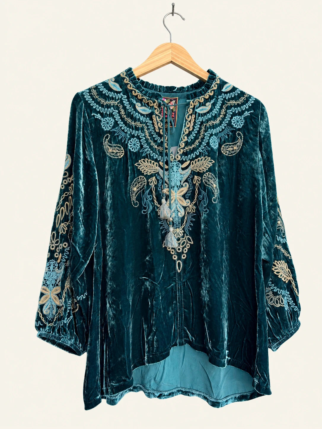 Pre-loved NWT Johnny Was Teal Velvet Paisley and Floral Embroidered Tassel-Tie Blouse - Size M