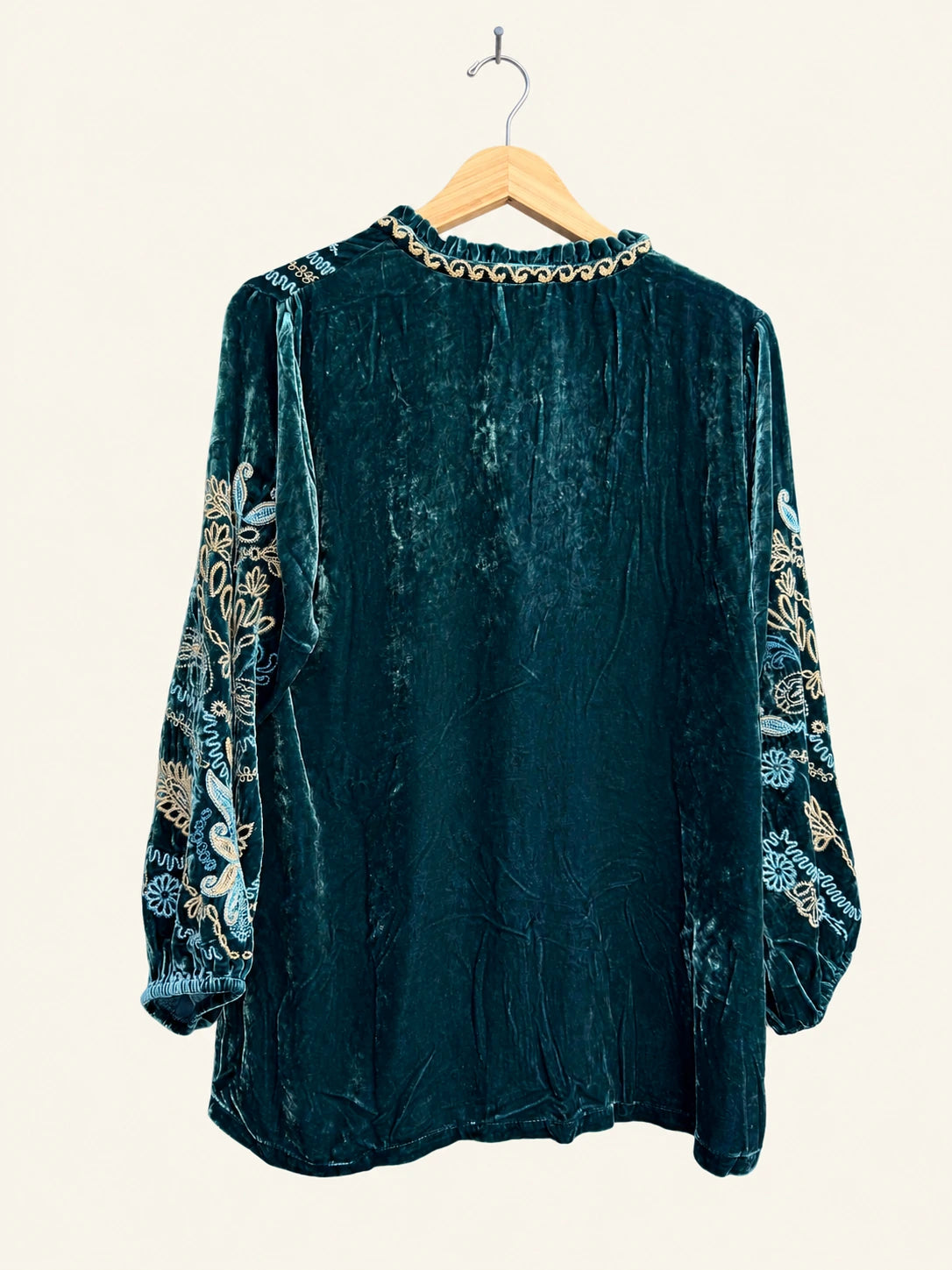 Pre-loved NWT Johnny Was Teal Velvet Paisley and Floral Embroidered Tassel-Tie Blouse - Size M