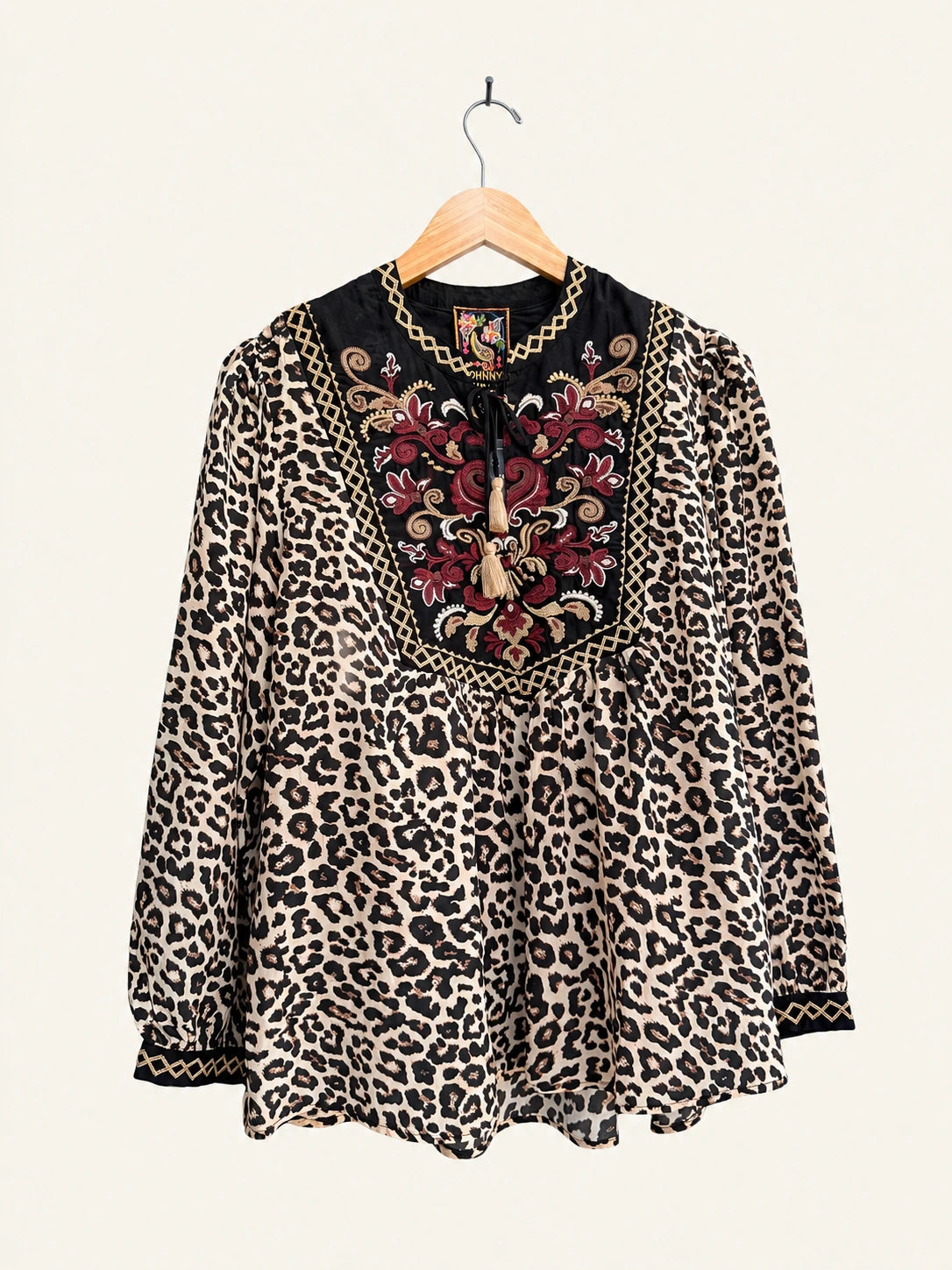 Pre-Loved Johnny Was Leopard Print Blouse With Embroidered Burgundy Front Panel - Size S
