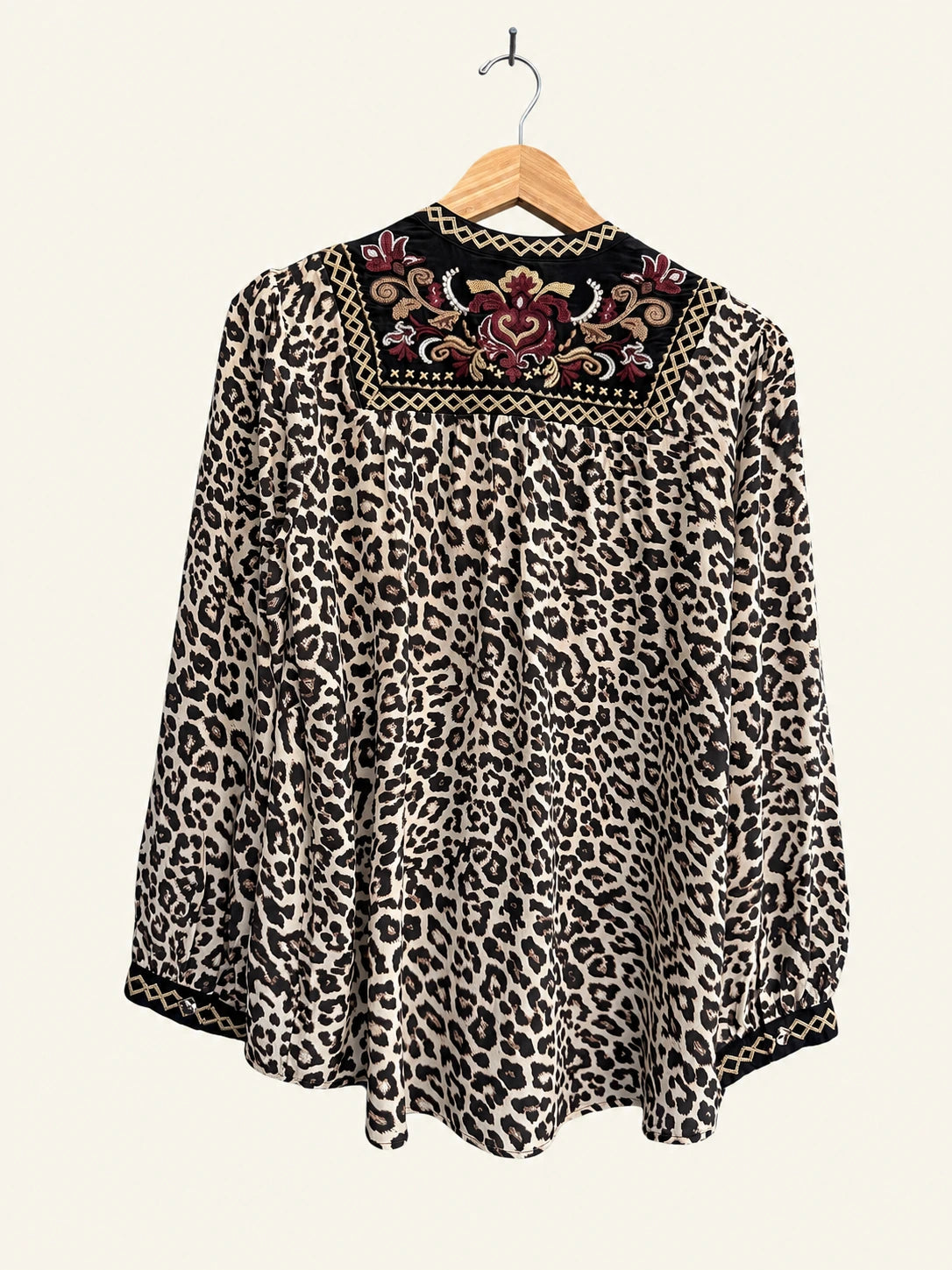 Pre-Loved Johnny Was Leopard Print Blouse With Embroidered Burgundy Front Panel - Size S