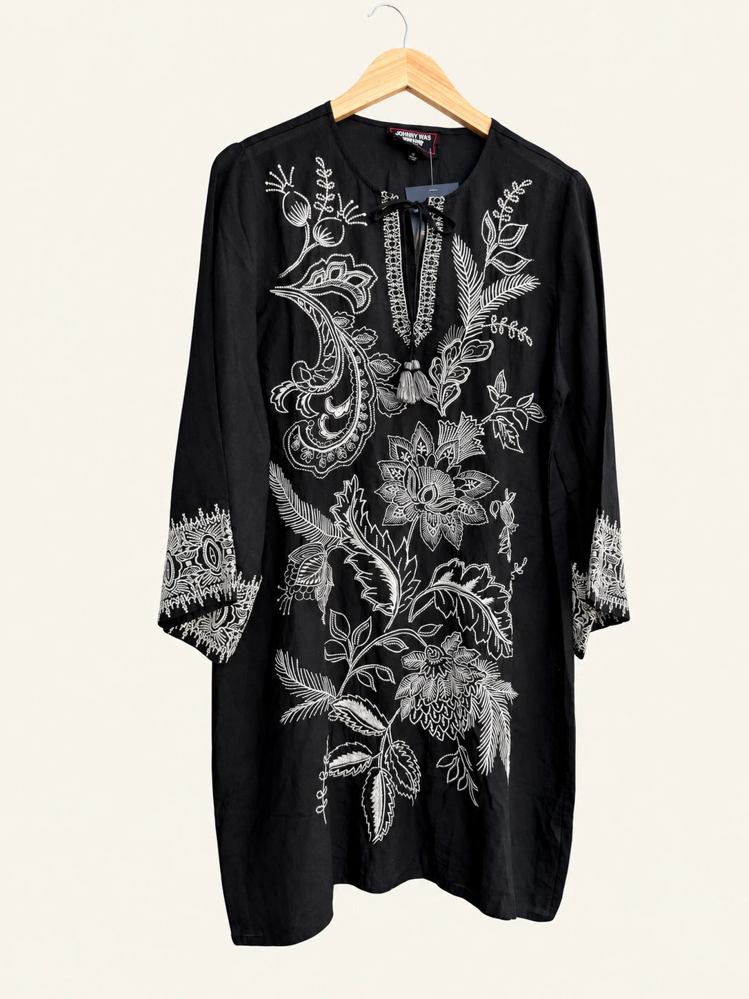 Pre-loved Johnny Was Black Floral and Paisley Embroidered Tie-Neck Tunic - Size M